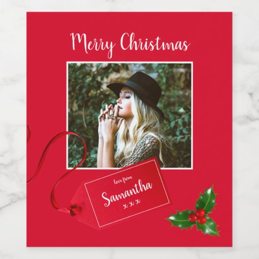 Vrolijk kerstfeest Holly Sprig - Aangepaste foto - Wijn Etiket (Enkel label)
