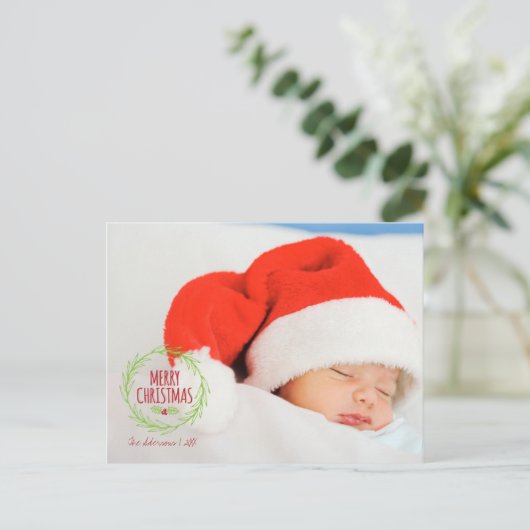 Vrolijk kerstfeest Holly Wreat Holiday Foto Briefk Feestdagenkaart (Staand voorkant)