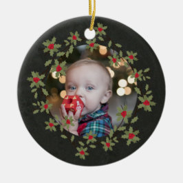 Vrolijk kerstfeest Holly Wreatfoto Keramisch Ornament
