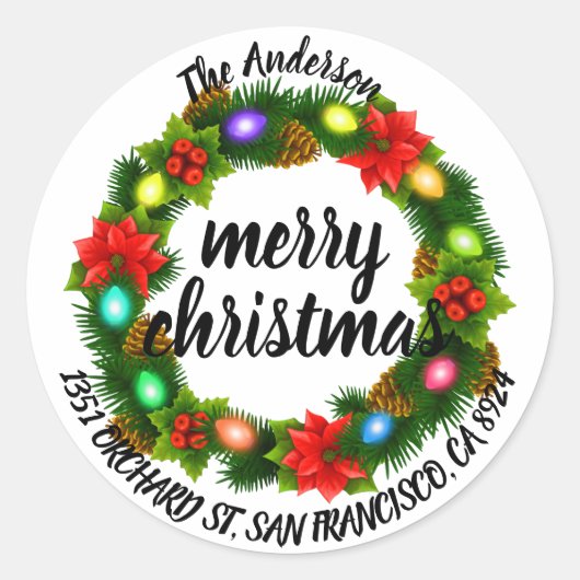 Vrolijk kerstfeest Holly Wreath Return Address Cla Ronde Sticker (Voorkant)