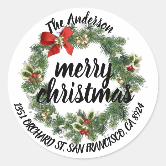 Vrolijk kerstfeest Holly Wreath Return Address Ronde Sticker (Voorkant)