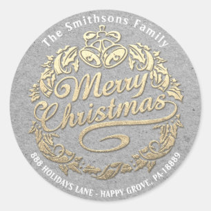 Vrolijk kerstfeest Holly Wreath RSVP Gold Grey Ronde Sticker