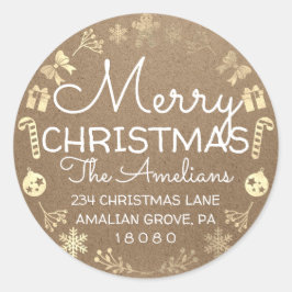 Vrolijk kerstfeest Holly Wreath RSVP Kraft Rustic Ronde Sticker