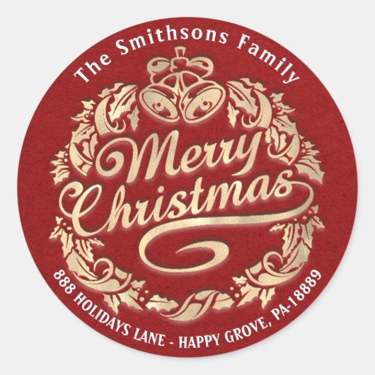 Vrolijk kerstfeest Holly Wreath RSVP Red Gold Kraf Ronde Sticker (Voorkant)