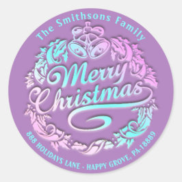 Vrolijk Kerstfeest Holly Wreath RSVP Royal Paarse Ronde Sticker