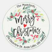 Vrolijk kerstfeest Holly Wreatour Return Address L Ronde Sticker (Voorkant)