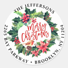 Vrolijk kerstfeest Holly Wreatour Return Address L Ronde Sticker