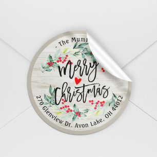 Vrolijk kerstfeest Holly Wreatour Return Address L Ronde Sticker