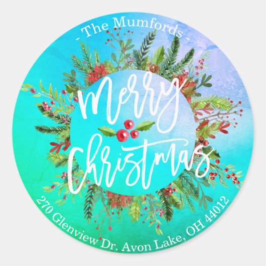 Vrolijk kerstfeest Holly Wreatour Return Address L Ronde Sticker (Voorkant)