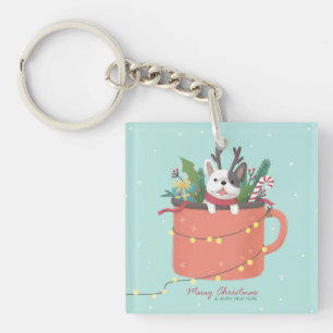 Vrolijk Kerstfeest: Hond Illustratie Kunst Sleutelhanger