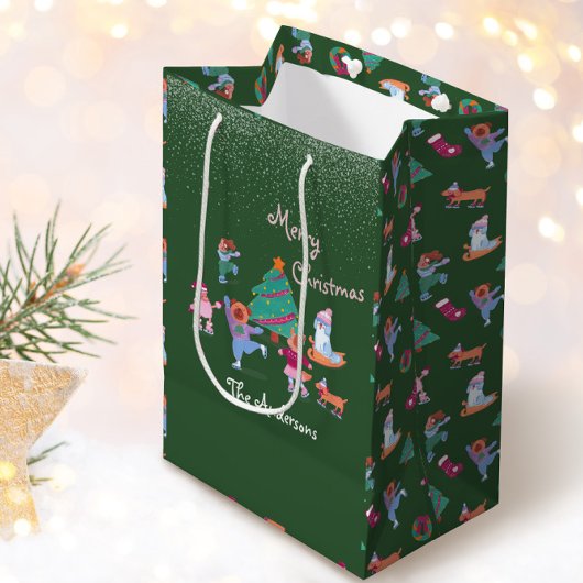 Vrolijk Kerstfeest Hond Schaatsen Feestelijk Groen Medium Cadeauzakje