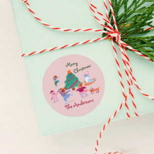 Vrolijk Kerstfeest Hond Schaatsen Naam Blush Pink Ronde Sticker