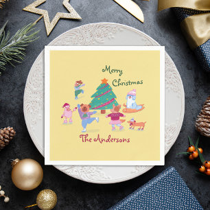 Vrolijk Kerstfeest Hond Schaatsen Naam Pastelgeel Servet