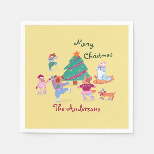 Vrolijk Kerstfeest Hond Schaatsen Naam Pastelgeel Servet (Voorkant)