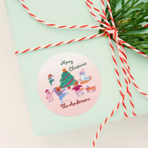 Vrolijk Kerstfeest Hond Schaatsen Naam Roze Gift Ronde Sticker