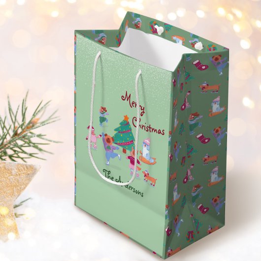 Vrolijk Kerstfeest Hond Schaatsen Pistache Groen Medium Cadeauzakje