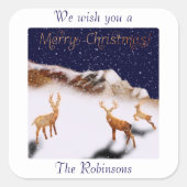 Vrolijk kerstfeest - houten herten en bergen in sn vierkante sticker (Voorkant)