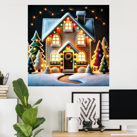 Vrolijk Kerstfeest - Huis afbeelding in de kerstti Poster (Thuiskantoor)