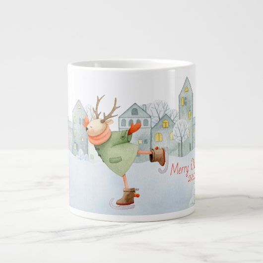 Vrolijk kerstfeest Ice Skating Deer in de winter Grote Koffiekop (Voorkant)