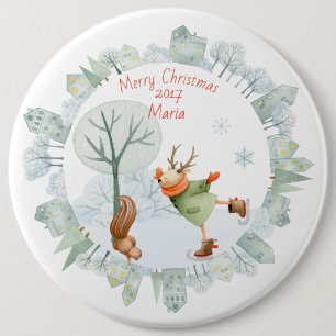 Vrolijk kerstfeest Ice Skating Deer in de winter Ronde Button 6,0 Cm