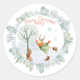 Vrolijk kerstfeest Ice Skating Deer in de winter Ronde Sticker