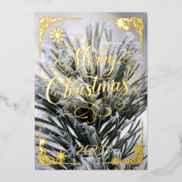 Vrolijk Kerstfeest ijzige dennennaalden Goud Folie Feestdagenkaart
