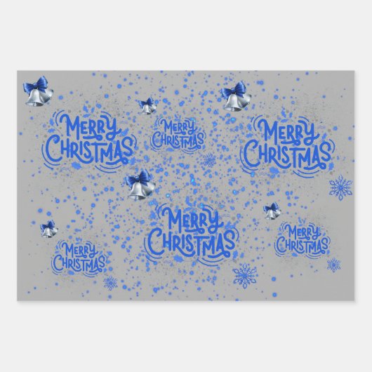 Vrolijk kerstfeest in blauw op zilver | inpakpapier vel (Voorkant 2)