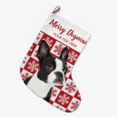 Vrolijk kerstfeest in Boston Terrier Festive Dog Grote Kerstsok (Voorkant (Hangend))
