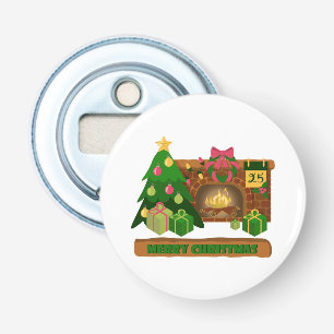 Vrolijk kerstfeest in de buurt van haard vreugdevu button flesopener