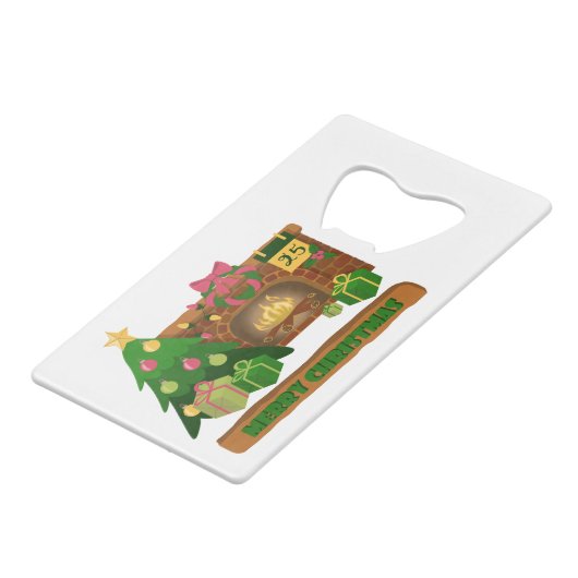 Vrolijk kerstfeest in de buurt van haard vreugdevu creditkaart flessenopener (Voorkant Gekanteld)