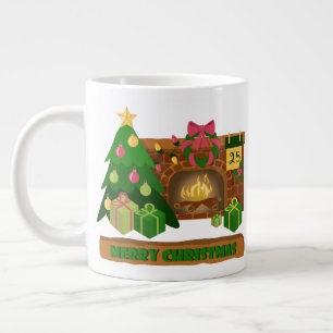 Vrolijk kerstfeest in de buurt van haard vreugdevu grote koffiekop