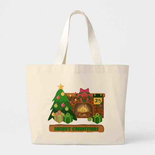 Vrolijk kerstfeest in de buurt van haard vreugdevu grote tote bag (Voorkant)