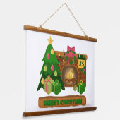 Vrolijk kerstfeest in de buurt van haard vreugdevu hangend wandkleed (Gebogen)