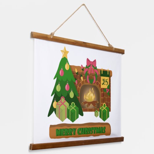 Vrolijk kerstfeest in de buurt van haard vreugdevu hangend wandkleed (Gebogen)