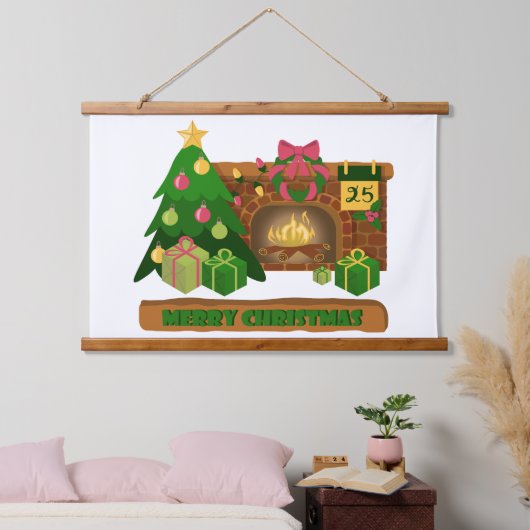 Vrolijk kerstfeest in de buurt van haard vreugdevu hangend wandkleed (Slaapkamer)