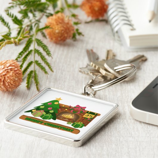 Vrolijk kerstfeest in de buurt van haard vreugdevu sleutelhanger (Zijkant)