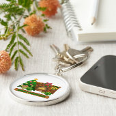 Vrolijk kerstfeest in de buurt van haard vreugdevu sleutelhanger (Zijkant)