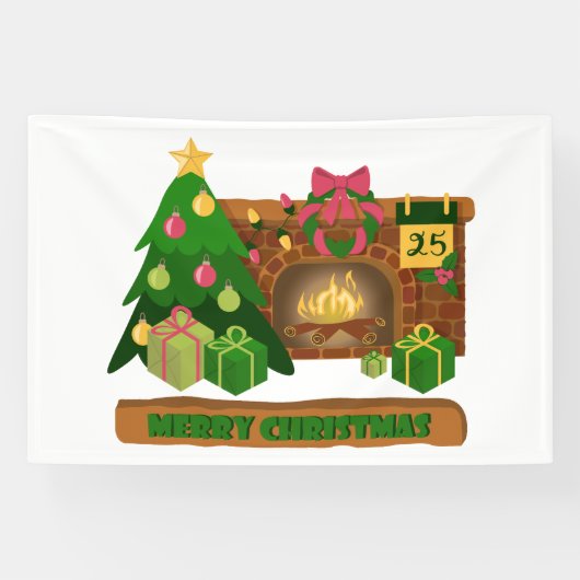 Vrolijk kerstfeest in de buurt van haard vreugdevu spandoek (Horizontaal)