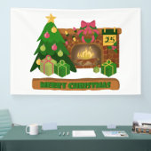 Vrolijk kerstfeest in de buurt van haard vreugdevu spandoek (Beurs)