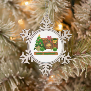 Vrolijk kerstfeest in de buurt van haard vreugdevu tin sneeuwvlok ornament