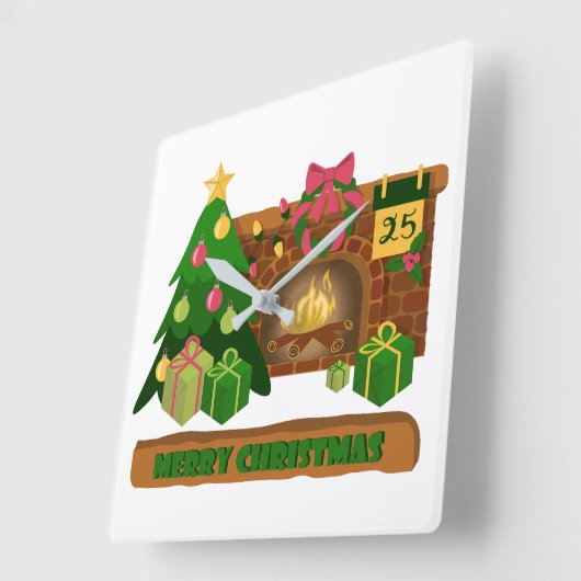 Vrolijk kerstfeest in de buurt van haard vreugdevu vierkante klok (Hoek)