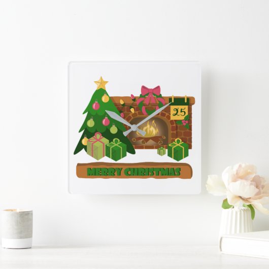 Vrolijk kerstfeest in de buurt van haard vreugdevu vierkante klok (Huis)