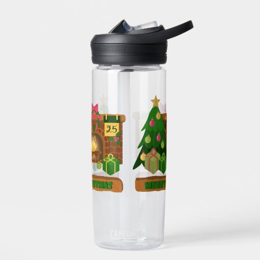 Vrolijk kerstfeest in de buurt van haard vreugdevu waterfles (Links)