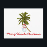 Vrolijk kerstfeest in Florida, sneeuwman onder pal Feestdagenkaart<br><div class="desc">Een schattige sneeuwman onder een palmboom,  om je een 'Merry Florida Christmas' te wensen,  te zien op dit lieve kerst briefkaart.</div>