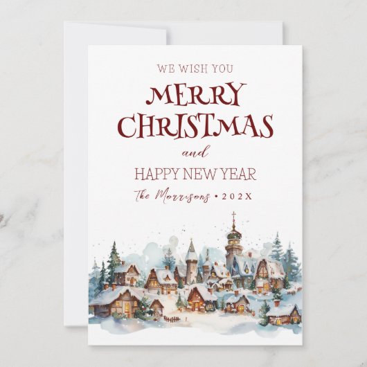 Vrolijk kerstfeest in gelukkig nieuwjaar winterdor feestdagenkaart (Voorkant)