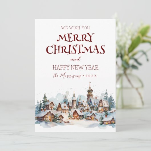 Vrolijk kerstfeest in gelukkig nieuwjaar winterdor feestdagenkaart (Staand voorkant)