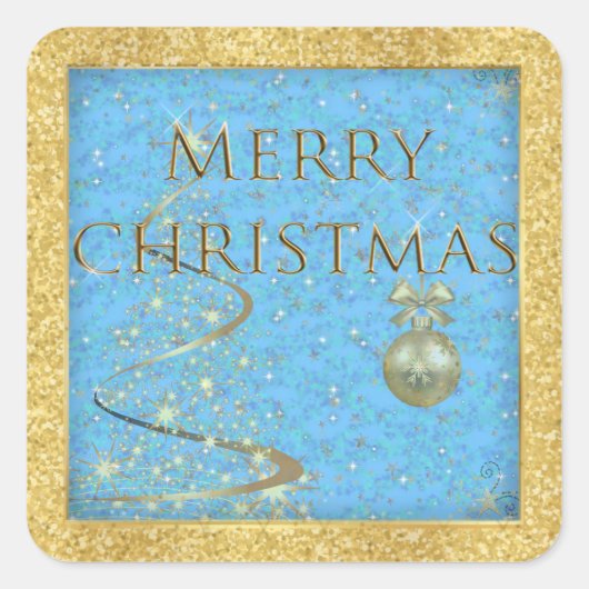 Vrolijk kerstfeest in goud en blauw vierkante sticker (Voorkant)