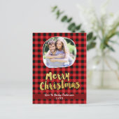 Vrolijk kerstfeest in goud rood geruite fotokaart feestdagenkaart (Staand voorkant)