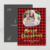 Vrolijk kerstfeest in goud rood geruite fotokaart feestdagenkaart (Voorkant / Achterkant)