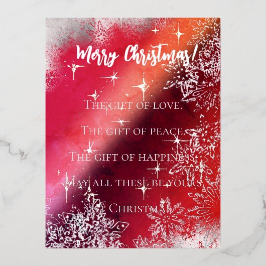 Vrolijk kerstfeest in het rood met sneeuwvlokken e folie feestdagen briefkaart (Voorkant)